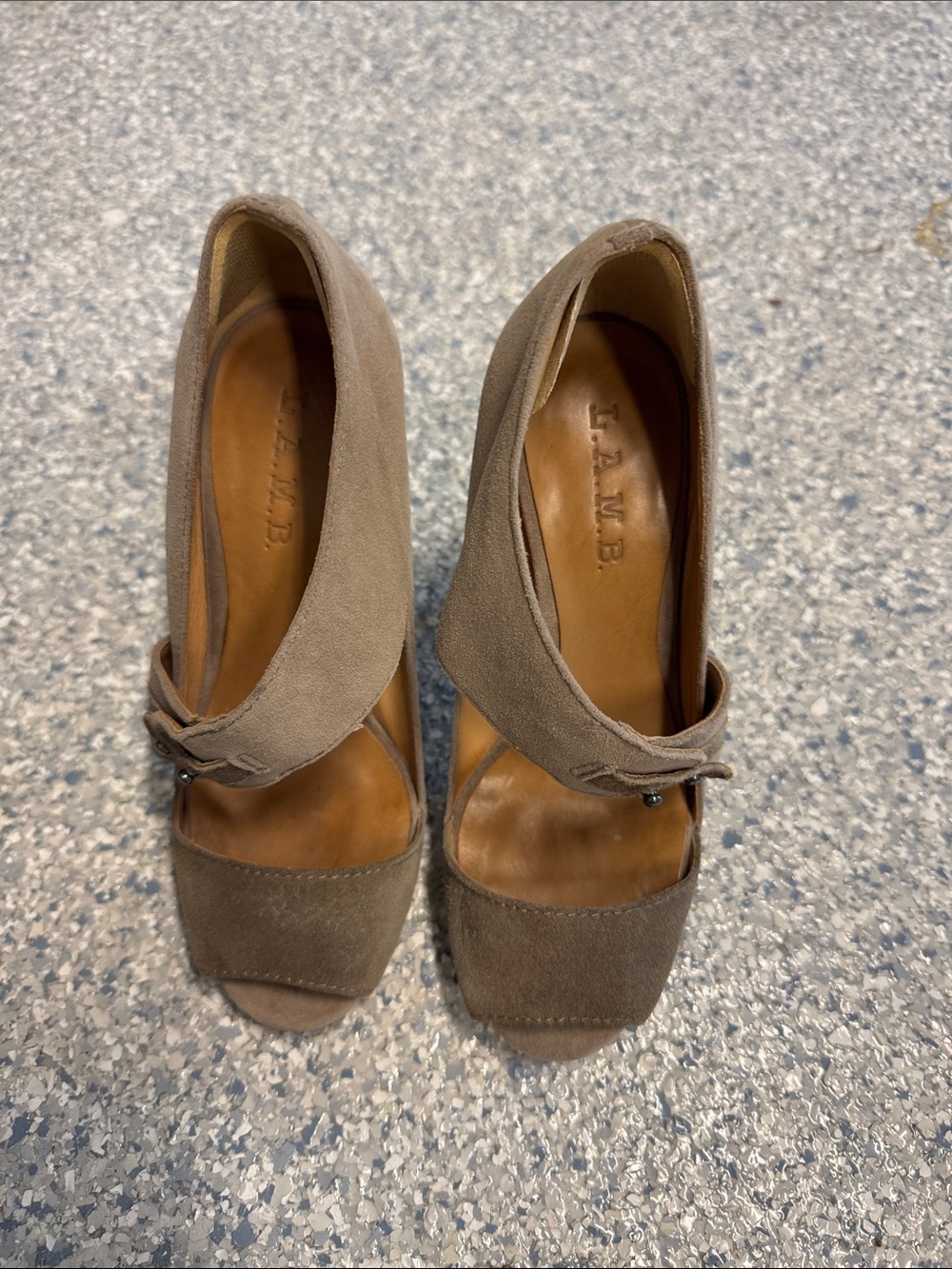 L.A.M.B. Taupe Suede Peep-Toe Ankle-Strap Heels